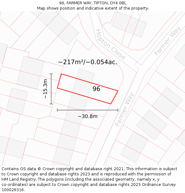 96, FARMER WAY, TIPTON, DY4 0BL: Plot and title map