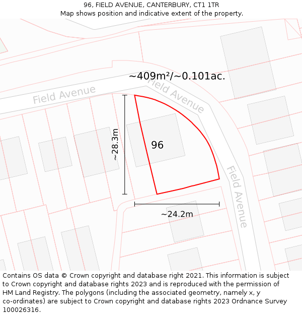 96, FIELD AVENUE, CANTERBURY, CT1 1TR: Plot and title map