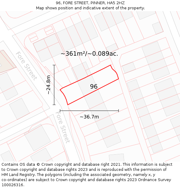 96, FORE STREET, PINNER, HA5 2HZ: Plot and title map