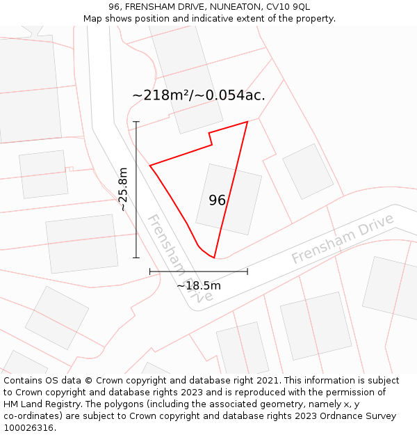 96, FRENSHAM DRIVE, NUNEATON, CV10 9QL: Plot and title map