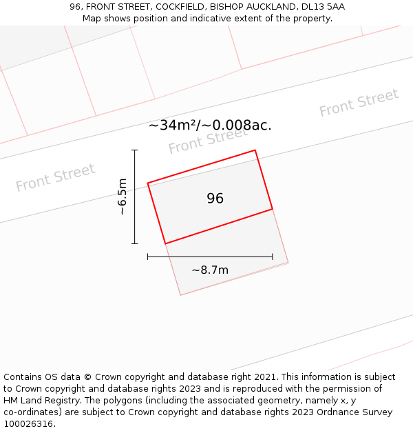 96, FRONT STREET, COCKFIELD, BISHOP AUCKLAND, DL13 5AA: Plot and title map