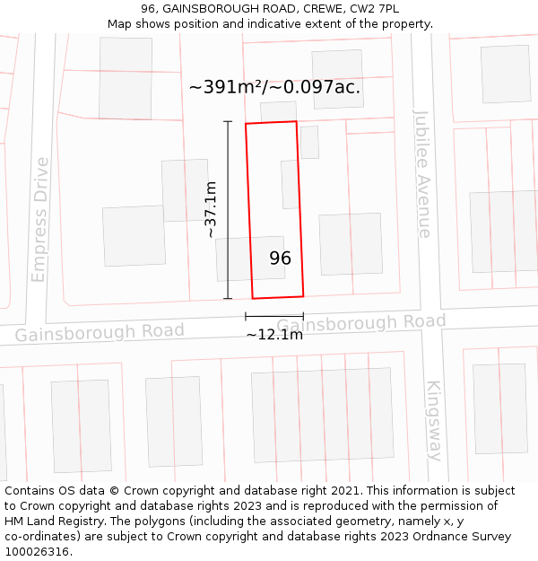 96, GAINSBOROUGH ROAD, CREWE, CW2 7PL: Plot and title map