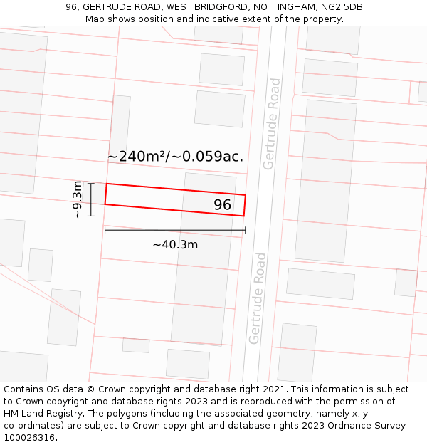 96, GERTRUDE ROAD, WEST BRIDGFORD, NOTTINGHAM, NG2 5DB: Plot and title map