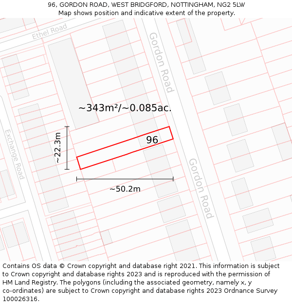 96, GORDON ROAD, WEST BRIDGFORD, NOTTINGHAM, NG2 5LW: Plot and title map