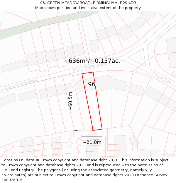 96, GREEN MEADOW ROAD, BIRMINGHAM, B29 4DR: Plot and title map