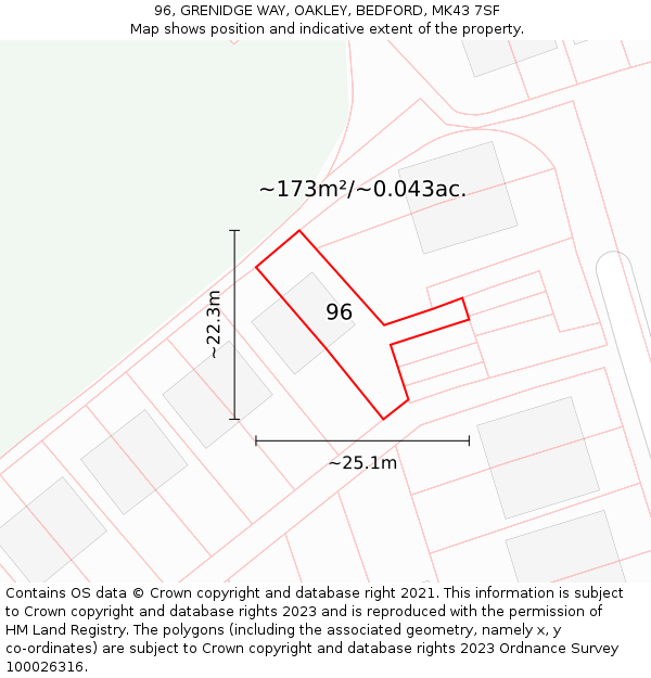 96, GRENIDGE WAY, OAKLEY, BEDFORD, MK43 7SF: Plot and title map