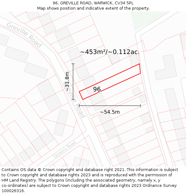 96, GREVILLE ROAD, WARWICK, CV34 5PL: Plot and title map