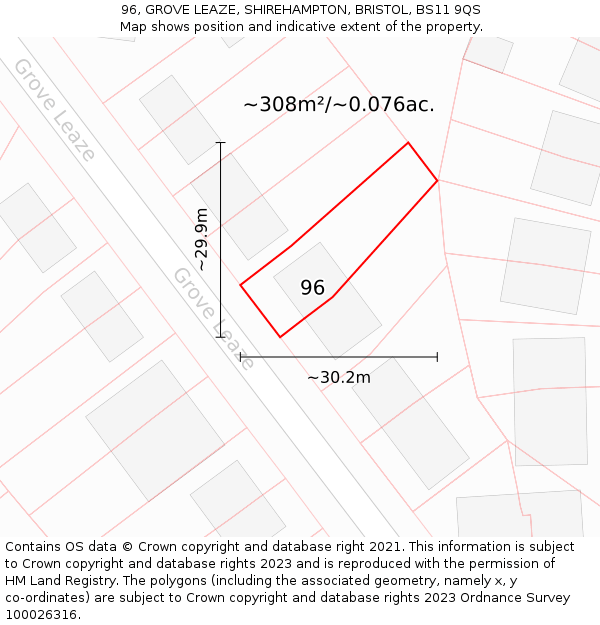 96, GROVE LEAZE, SHIREHAMPTON, BRISTOL, BS11 9QS: Plot and title map