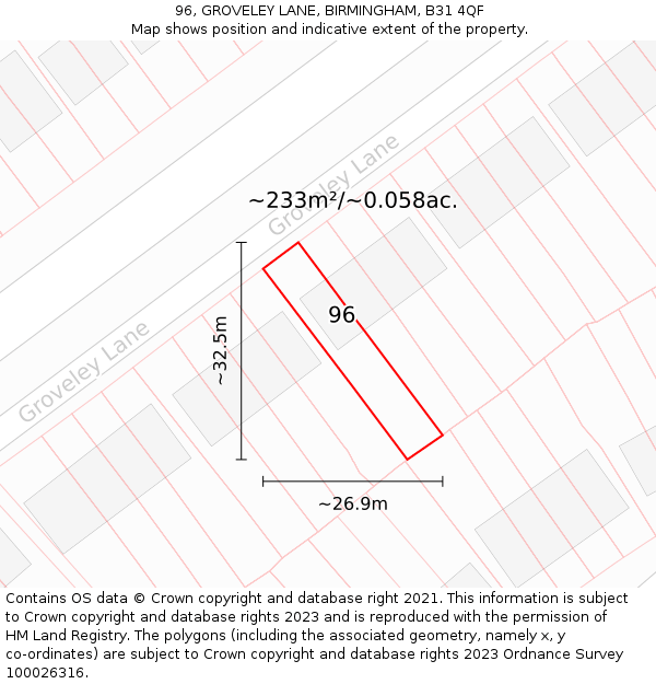 96, GROVELEY LANE, BIRMINGHAM, B31 4QF: Plot and title map