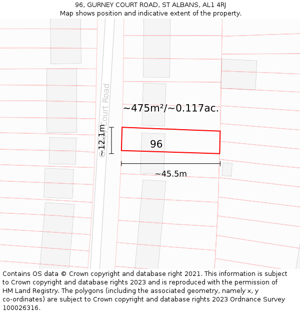 96, GURNEY COURT ROAD, ST ALBANS, AL1 4RJ: Plot and title map