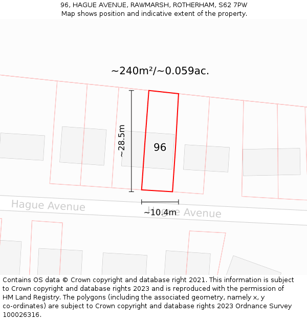 96, HAGUE AVENUE, RAWMARSH, ROTHERHAM, S62 7PW: Plot and title map