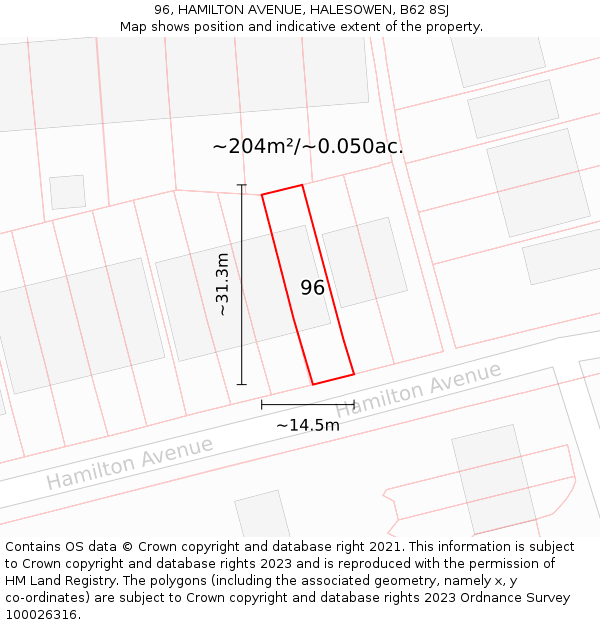 96, HAMILTON AVENUE, HALESOWEN, B62 8SJ: Plot and title map