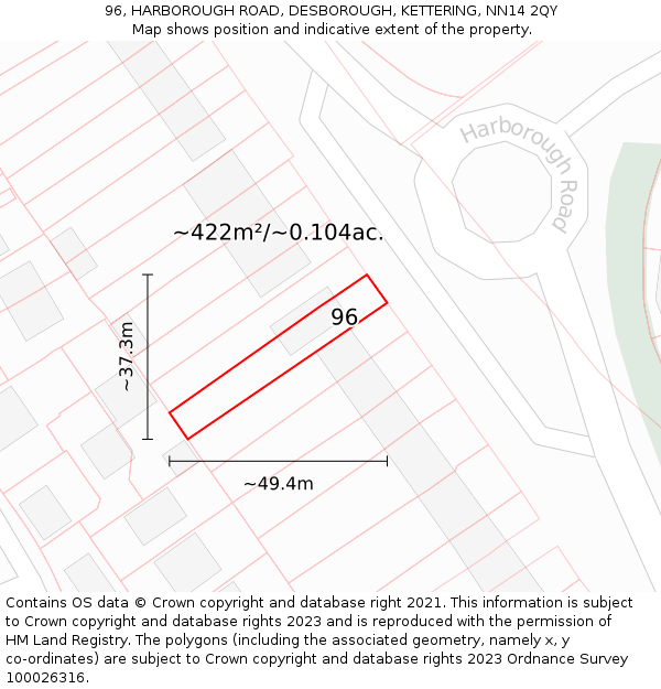 96, HARBOROUGH ROAD, DESBOROUGH, KETTERING, NN14 2QY: Plot and title map