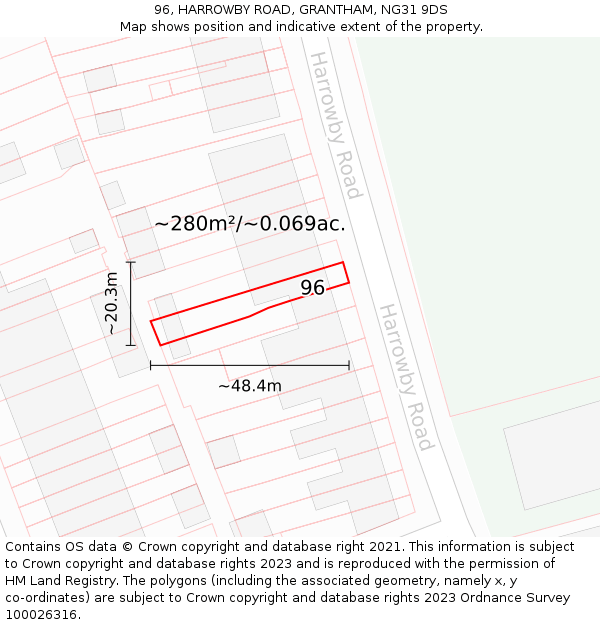 96, HARROWBY ROAD, GRANTHAM, NG31 9DS: Plot and title map