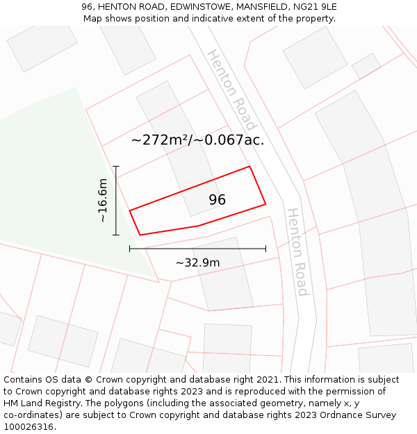 96, HENTON ROAD, EDWINSTOWE, MANSFIELD, NG21 9LE: Plot and title map