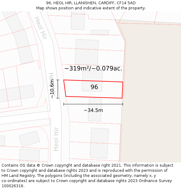 96, HEOL HIR, LLANISHEN, CARDIFF, CF14 5AD: Plot and title map