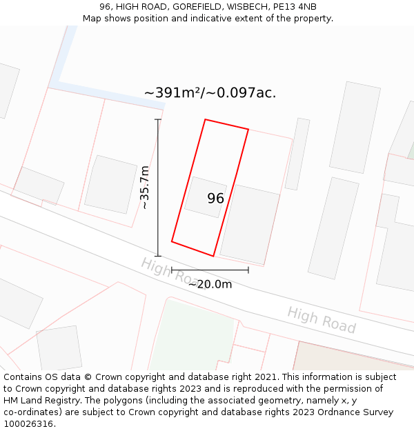 96, HIGH ROAD, GOREFIELD, WISBECH, PE13 4NB: Plot and title map