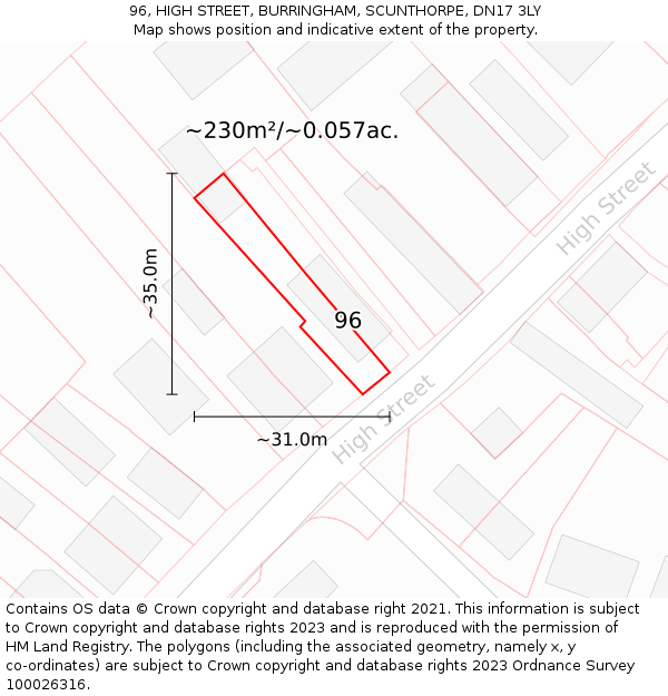 96, HIGH STREET, BURRINGHAM, SCUNTHORPE, DN17 3LY: Plot and title map