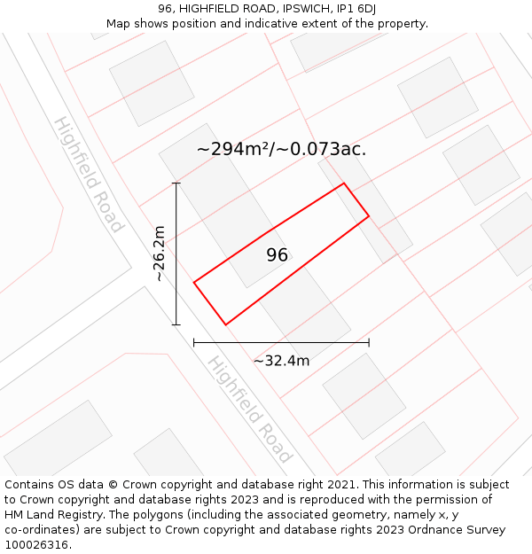 96, HIGHFIELD ROAD, IPSWICH, IP1 6DJ: Plot and title map