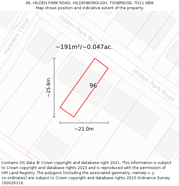 96, HILDEN PARK ROAD, HILDENBOROUGH, TONBRIDGE, TN11 9BW: Plot and title map