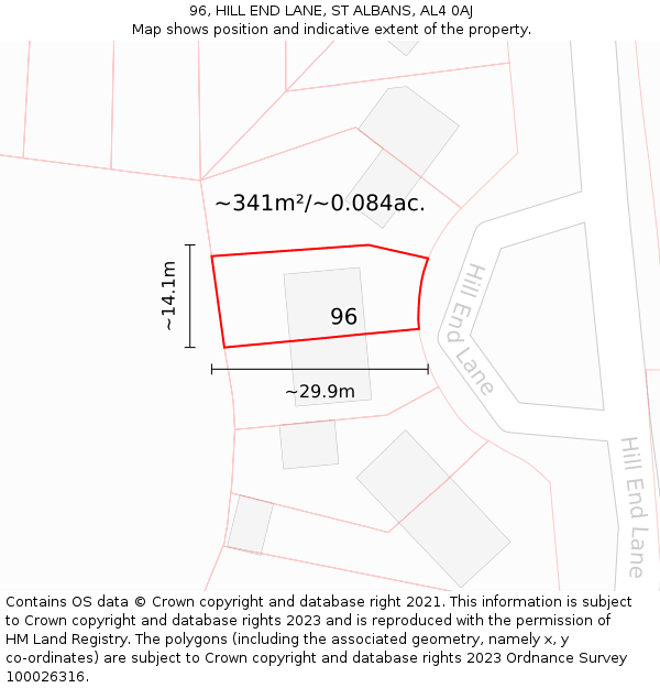 96, HILL END LANE, ST ALBANS, AL4 0AJ: Plot and title map