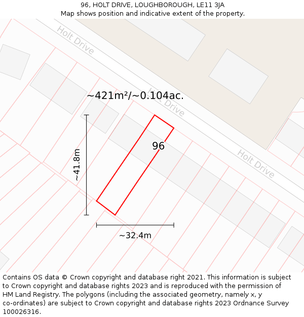 96, HOLT DRIVE, LOUGHBOROUGH, LE11 3JA: Plot and title map