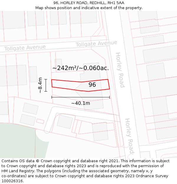 96, HORLEY ROAD, REDHILL, RH1 5AA: Plot and title map