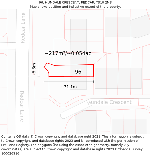 96, HUNDALE CRESCENT, REDCAR, TS10 2NS: Plot and title map