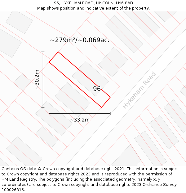 96, HYKEHAM ROAD, LINCOLN, LN6 8AB: Plot and title map