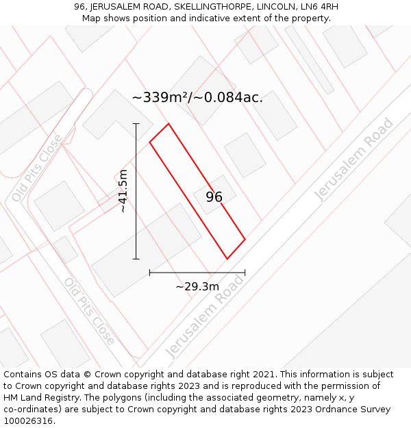 96, JERUSALEM ROAD, SKELLINGTHORPE, LINCOLN, LN6 4RH: Plot and title map