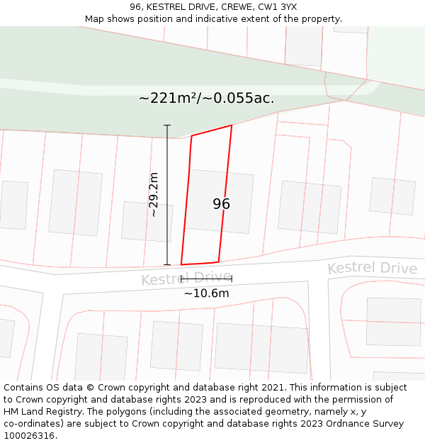 96, KESTREL DRIVE, CREWE, CW1 3YX: Plot and title map