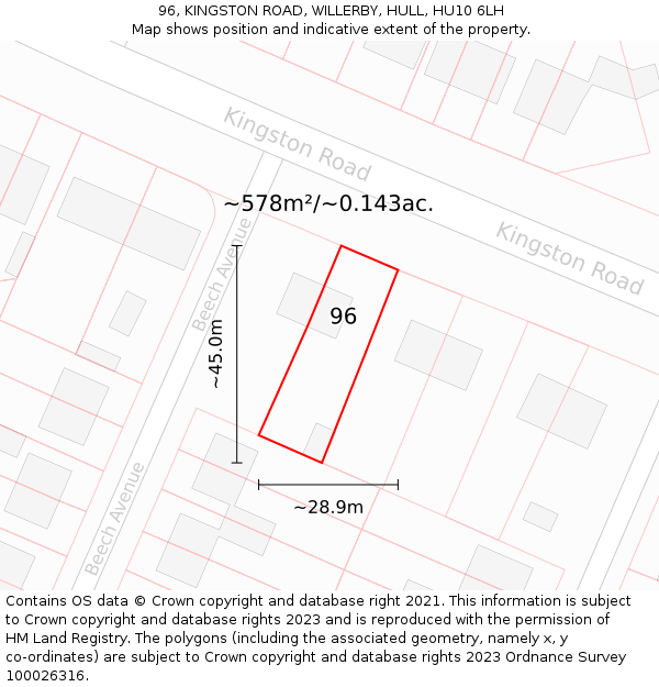 96, KINGSTON ROAD, WILLERBY, HULL, HU10 6LH: Plot and title map