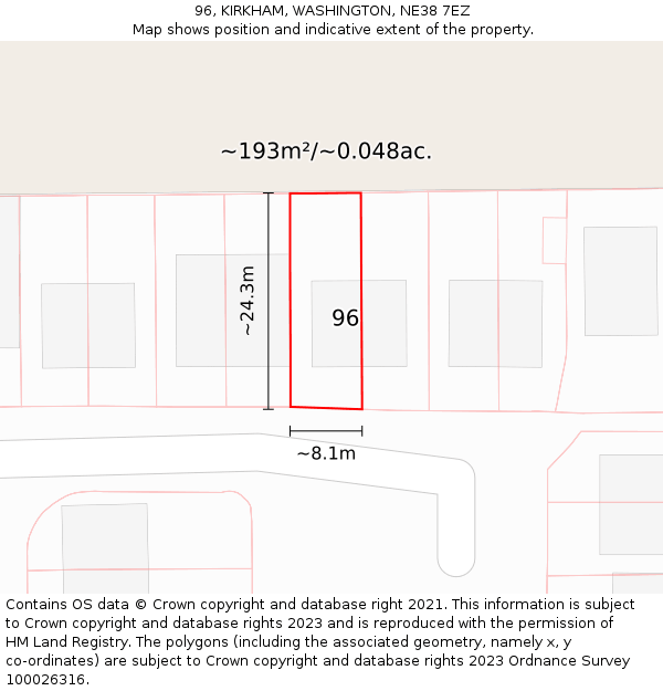 96, KIRKHAM, WASHINGTON, NE38 7EZ: Plot and title map