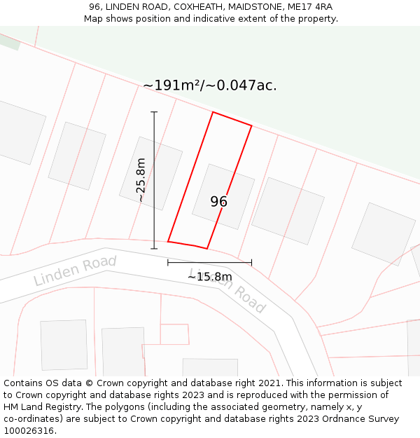 96, LINDEN ROAD, COXHEATH, MAIDSTONE, ME17 4RA: Plot and title map