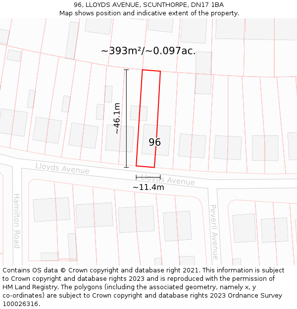 96, LLOYDS AVENUE, SCUNTHORPE, DN17 1BA: Plot and title map