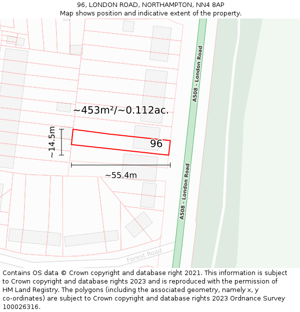 96, LONDON ROAD, NORTHAMPTON, NN4 8AP: Plot and title map