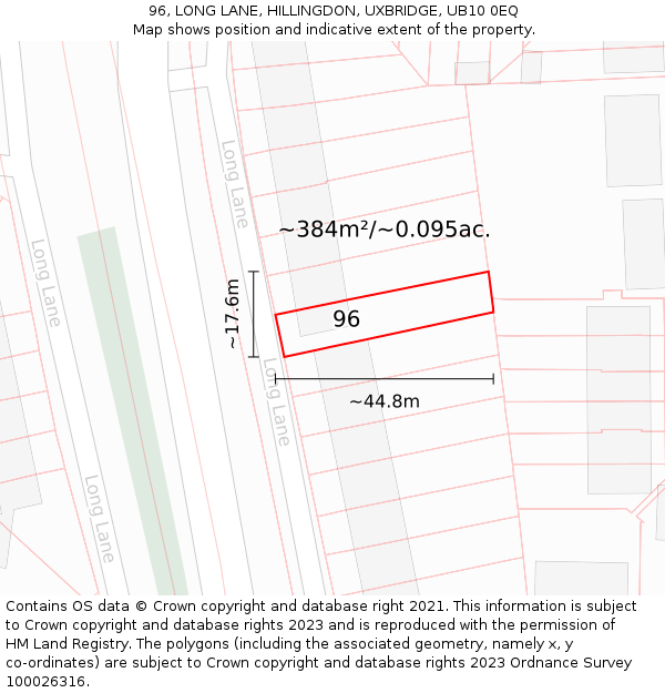 96, LONG LANE, HILLINGDON, UXBRIDGE, UB10 0EQ: Plot and title map