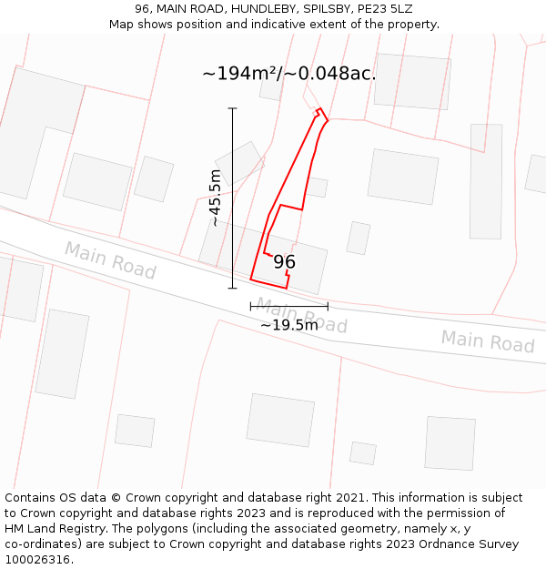 96, MAIN ROAD, HUNDLEBY, SPILSBY, PE23 5LZ: Plot and title map