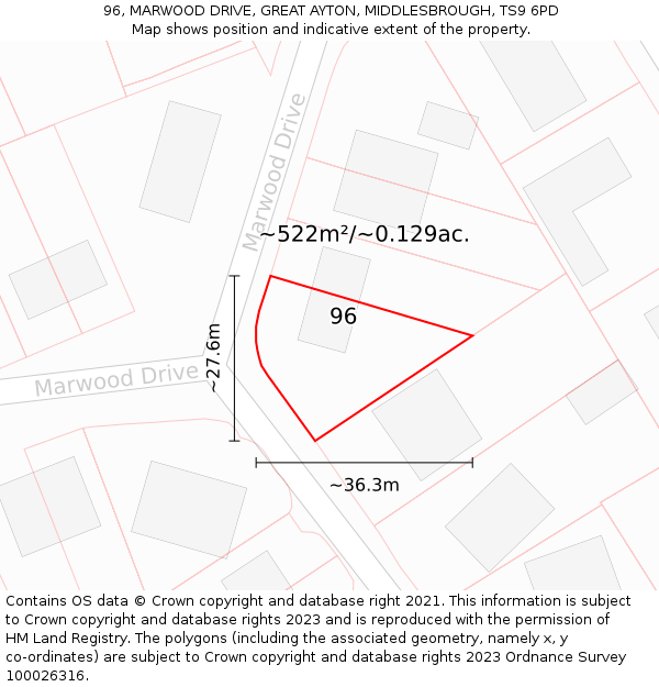 96, MARWOOD DRIVE, GREAT AYTON, MIDDLESBROUGH, TS9 6PD: Plot and title map