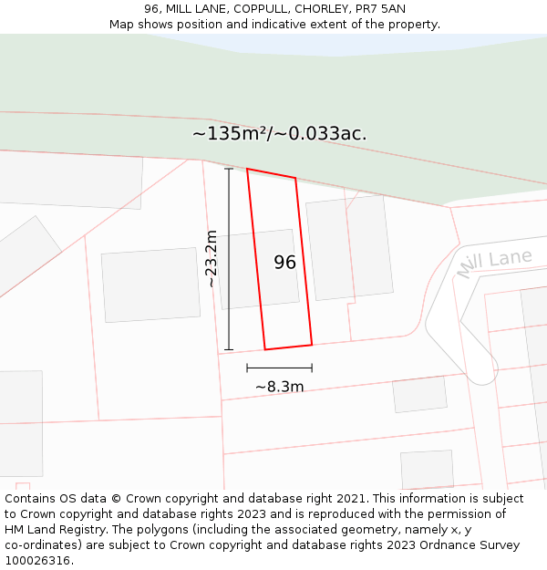 96, MILL LANE, COPPULL, CHORLEY, PR7 5AN: Plot and title map