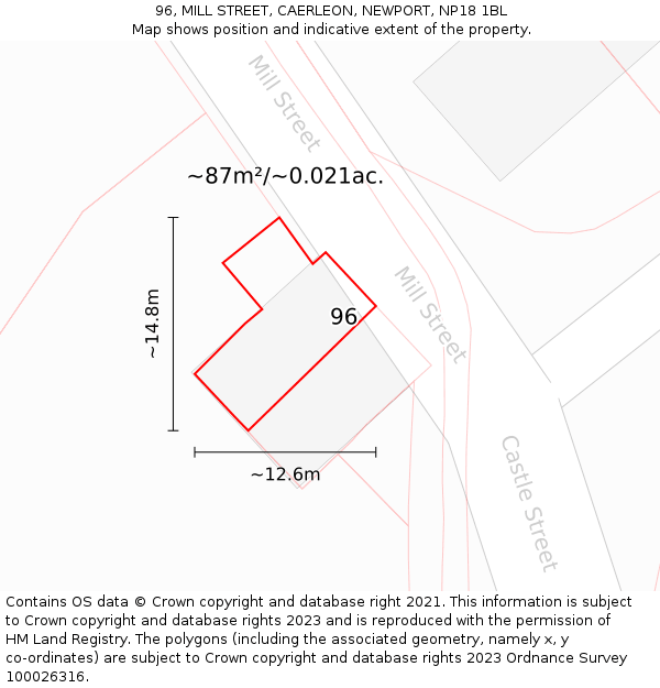 96, MILL STREET, CAERLEON, NEWPORT, NP18 1BL: Plot and title map