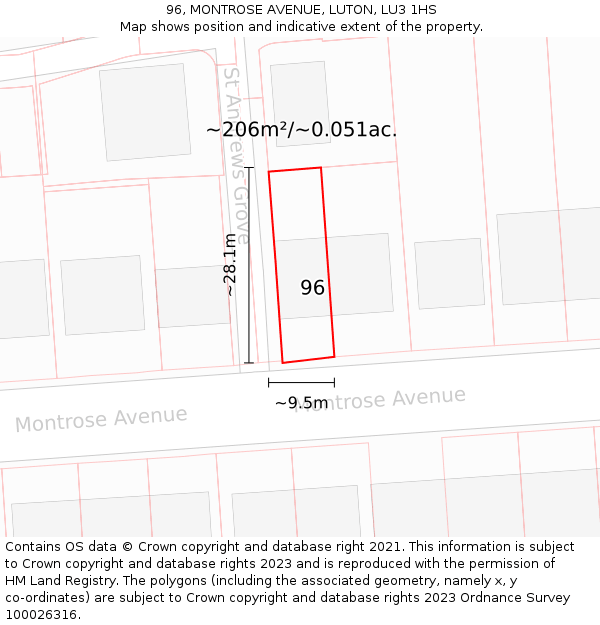 96, MONTROSE AVENUE, LUTON, LU3 1HS: Plot and title map