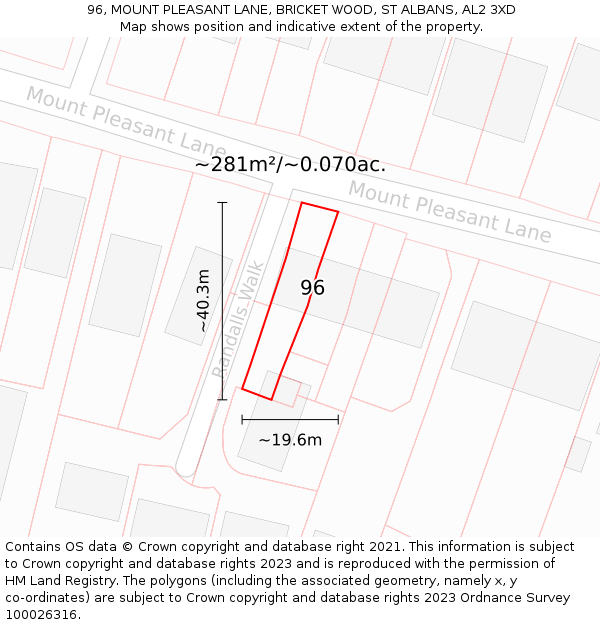 96, MOUNT PLEASANT LANE, BRICKET WOOD, ST ALBANS, AL2 3XD: Plot and title map