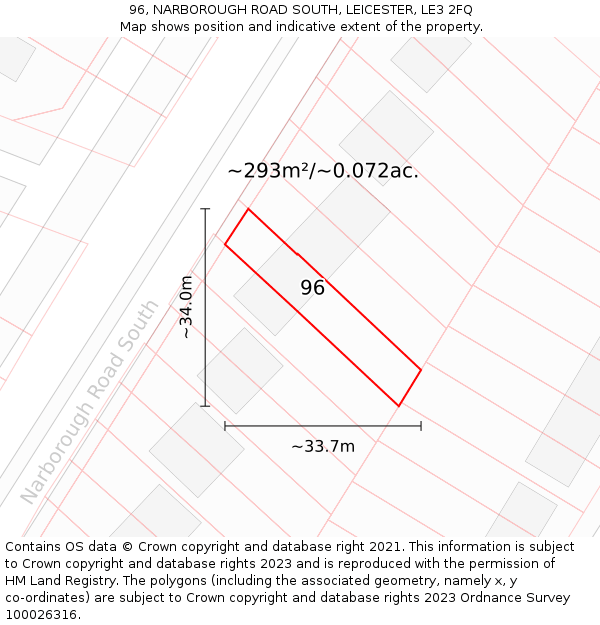 96, NARBOROUGH ROAD SOUTH, LEICESTER, LE3 2FQ: Plot and title map