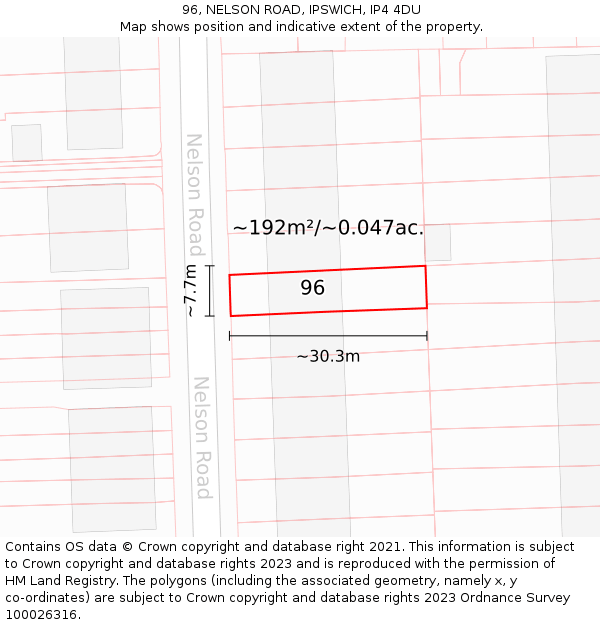 96, NELSON ROAD, IPSWICH, IP4 4DU: Plot and title map