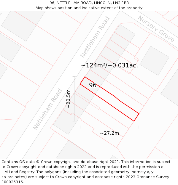 96, NETTLEHAM ROAD, LINCOLN, LN2 1RR: Plot and title map