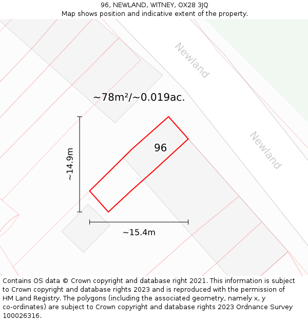 96, NEWLAND, WITNEY, OX28 3JQ: Plot and title map