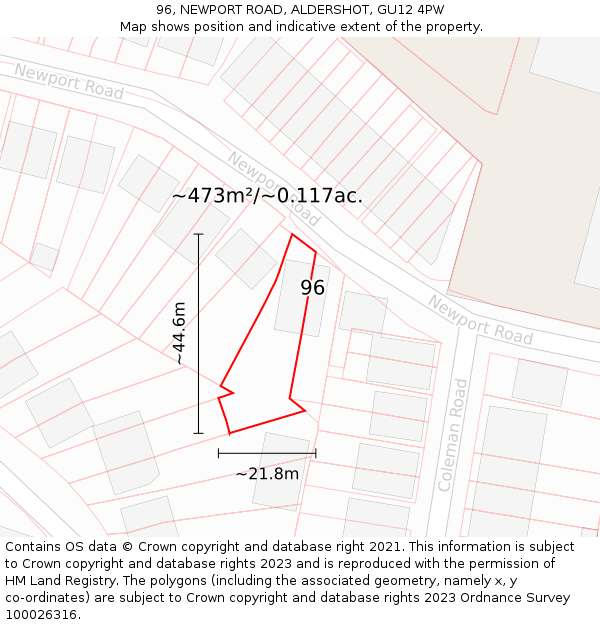 96, NEWPORT ROAD, ALDERSHOT, GU12 4PW: Plot and title map