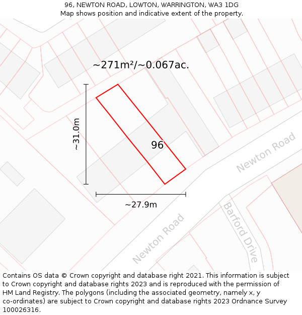 96, NEWTON ROAD, LOWTON, WARRINGTON, WA3 1DG: Plot and title map