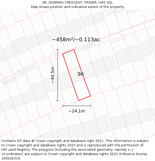 96, NORMAN CRESCENT, PINNER, HA5 3QL: Plot and title map